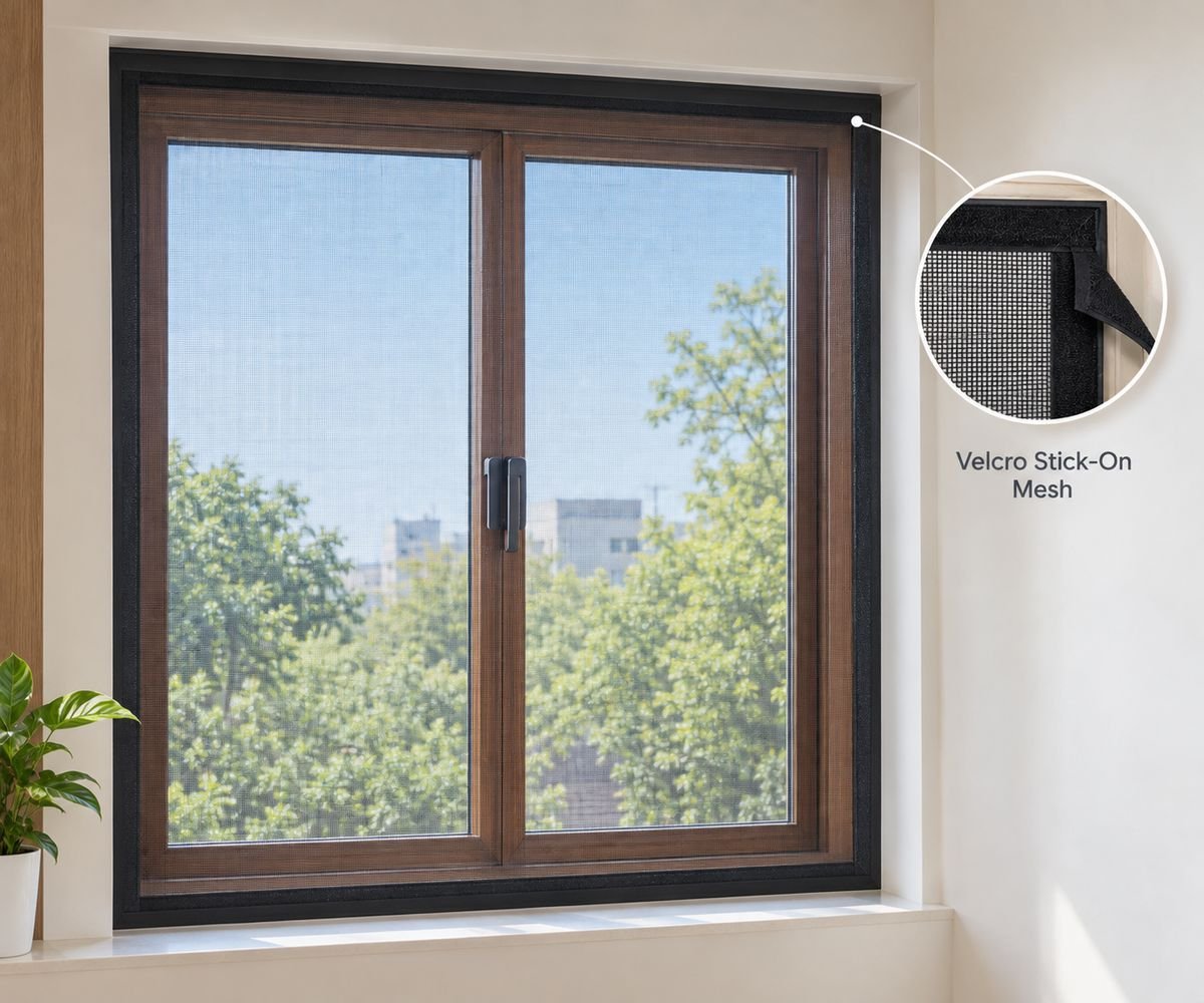 Early Velcro stick-on mesh fitted on a window