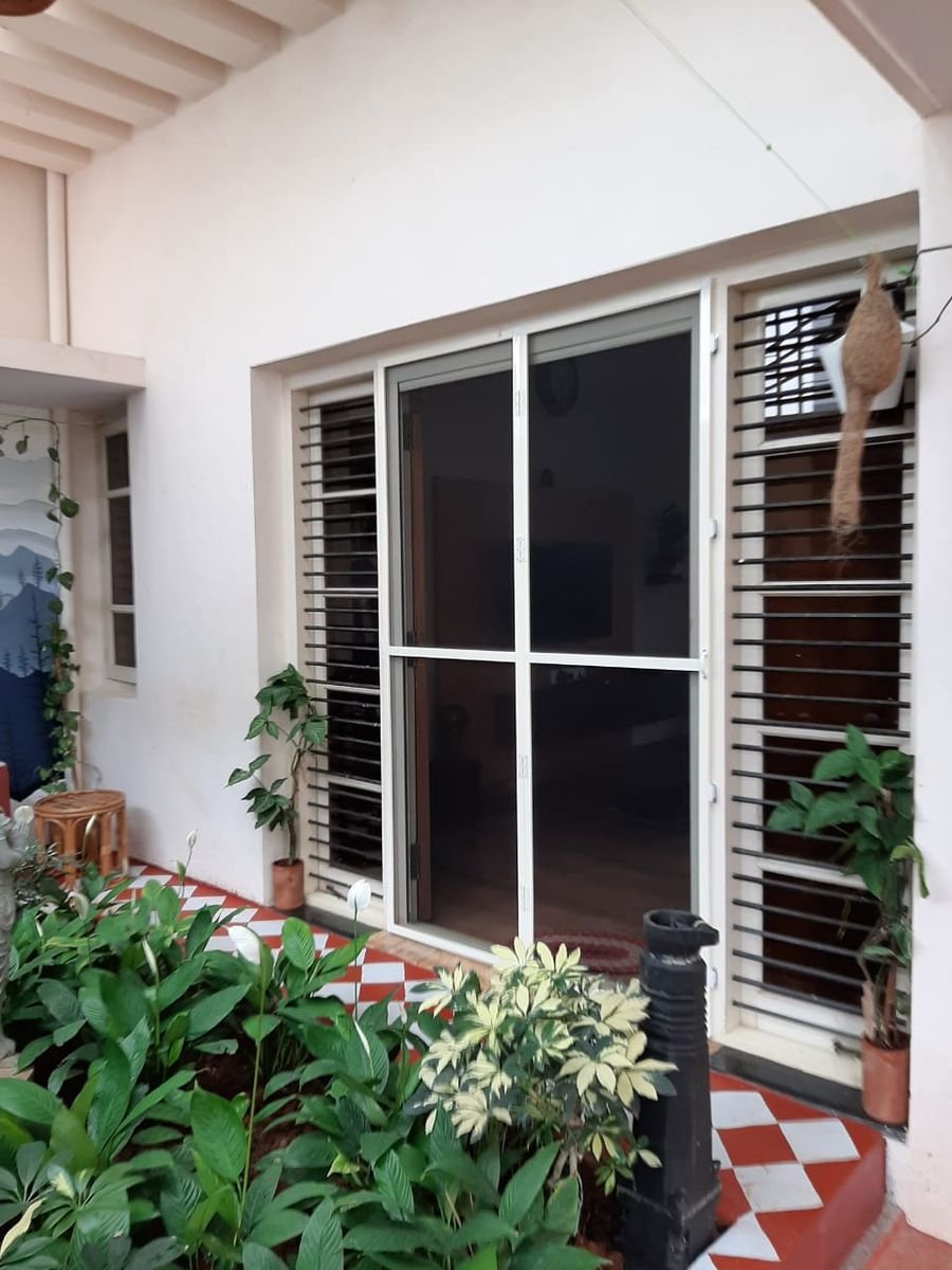 White aluminium mesh door opening onto a garden courtyard